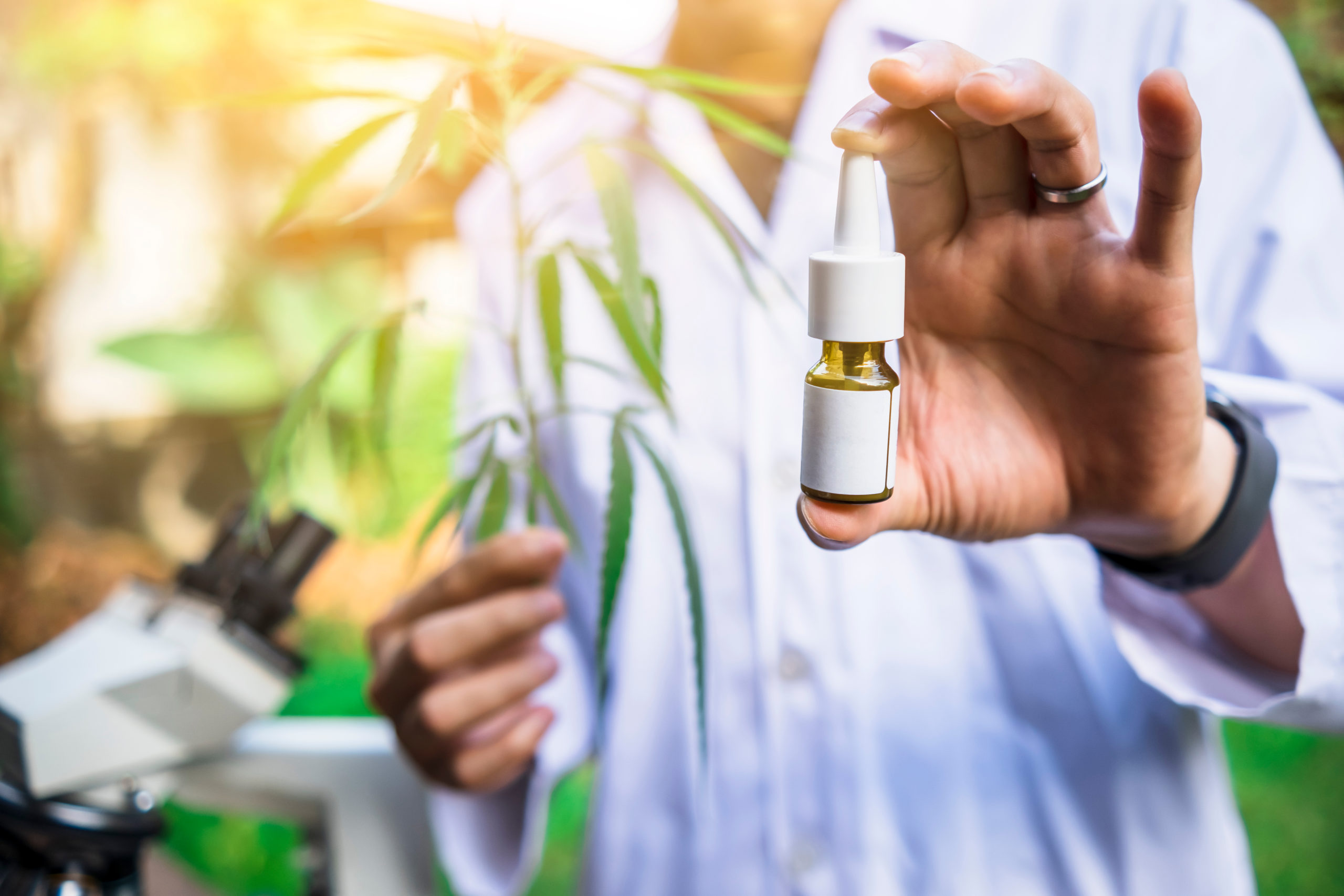 Scientist in lab coat near a pot plant and microscope holding a bottle of help oil towards in the foreground.